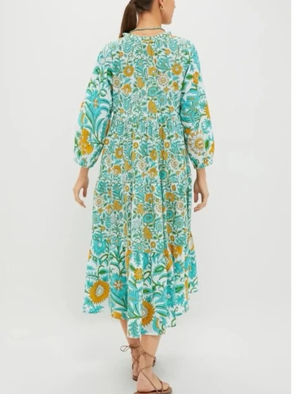 Tuckernuck Turquoise & Yellow Floral Tiered Midi Dress | S - Picture 2 of 5